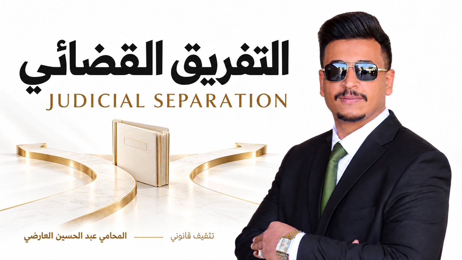 المحامي عبد الحسين العارضي — التفريق القضائي، بتصميم أبيض وذهبي