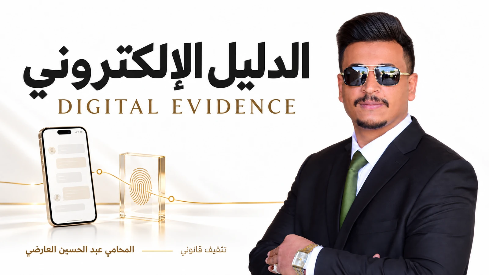 Lawyer Abdul Hussein Al-Aridhi — Digital Evidence, white and gold editorial cover